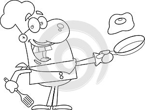 Outlined Happy Chef Man Cartoon Character Holding A Frying Pan With Egg
