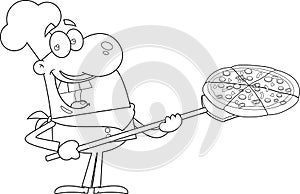 Outlined Happy Chef Man Cartoon Character Inserting A Pizza