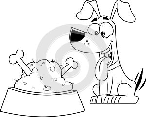 Outlined Happy Dog Cartoon Character With Bowl Food And Bones