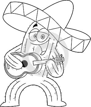 Outlined Happy Mexican Cactus Cartoon Character Singing And Playing A Guitar