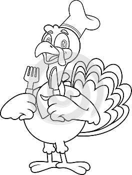 Outlined Happy Turkey Cartoon Character With Knife And Fork