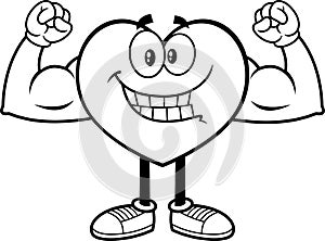 Outlined Heart Cartoon Character Showing Muscle Arms