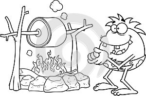 Outlined Hungry Caveman Cartoon Character Cooking Meat