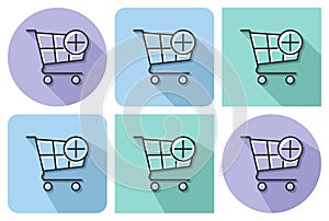 Outlined icon of shopping trolley with plus sign