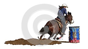 Rodeo cowgirl racing around a barrrel