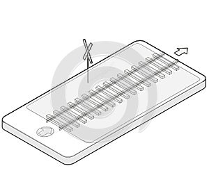 Outlined isometric railway in mobile phone. Rail transportation in communication technologies, paraphrase.