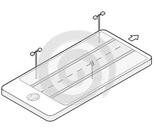 Outlined isometric road in mobile phone. Roadway transportation in communication technologies, paraphrase. photo