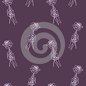 Outlined Light Purple Skeleton Hands Holding Roses Seamless Repeat Design