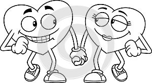 Outlined Love Hearts Couple Cartoon Characters Walk Holding Hands