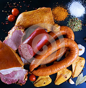 Outlined meat products - sausages, bacon, smoked chicken, lard.
