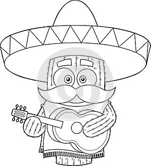 Outlined Mexican Cactus Cartoon Character Playing Guitar
