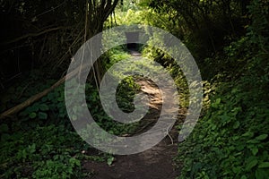 outlined path diverging into a well-trodden path and an overgrown one