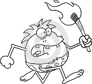 Outlined Scared Caveman Cartoon Character Running With A Torch