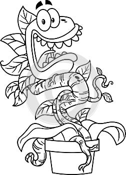 Outlined Scared Evil Carnivorous Plant Cartoon Character