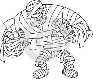Outlined Scary Mummy Cartoon Character Attacking With Hands Up