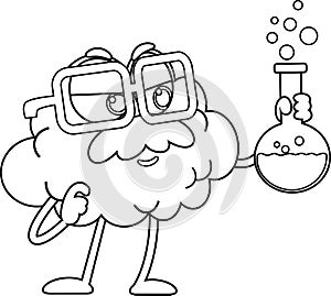 Outlined Scientist Or Professor Brain Cartoon Character Holding A Flask