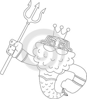 Outlined Sea God Poseidon Neptune Cartoon Character Holds Trident