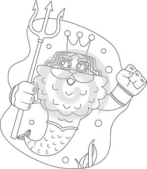 Outlined Sea God Poseidon Neptune Cartoon Character Swims Underwater With Trident