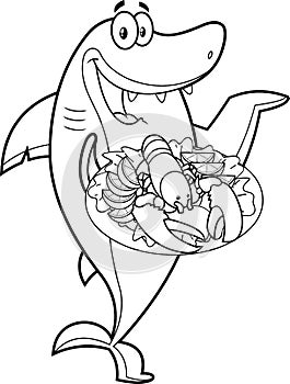 Outlined Shark Chef Cartoon Character Holding Whole Red Boiled Lobster On Dish