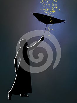 Outlined silhouette of woman in long skirt with inside out umbrella, catching dreams, falling stars.