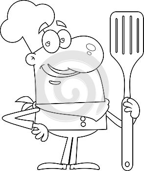 Outlined Smiling Chef Man Cartoon Character Holding A Big Spatula