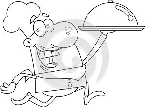 Outlined Smiling Chef Man Cartoon Character Running With Silver Platter