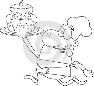 Outlined Smiling Chef Man Cartoon Character Running A Tray With Cake