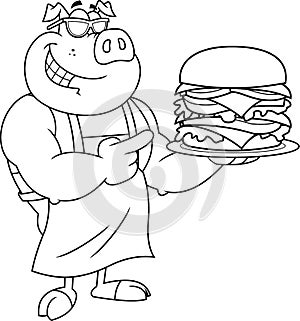 Outlined Smiling Chef Pig Cartoon Mascot Character Pointing To A Double  Hamburger Or Cheeseburger