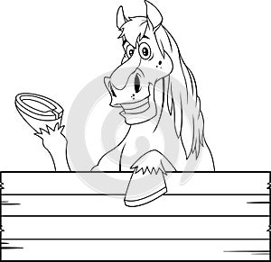 Outlined Smiling Horse Cartoon Mascot Character Over A Blank Wooden Sign Board Waving