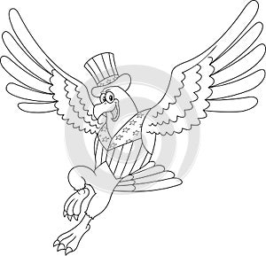 Outlined Smiling Patriotic Eagle Cartoon Character Flying