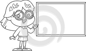 Outlined Smiling School Girl Cartoon Character Writing On Blackboard