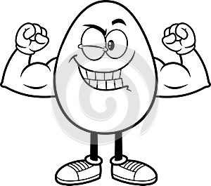 Outlined Strong Egg Cartoon Character Winking And Showing Muscle Arms