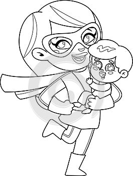 Outlined Super Hero Mom Carrying Her Son Cartoon Characters