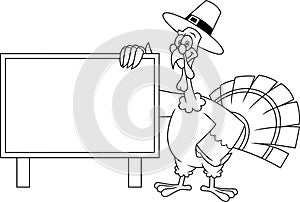 Outlined Thanksgiving Turkey Pilgrim Cartoon Characters Showing A Wooden Blank Board