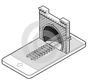 Outlined vector low poly stone tunnel with asphalt road in mobile phone in isometric perspective.