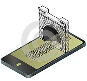Outlined vector low poly stone tunnel with asphalt road in mobile phone in isometric perspective.