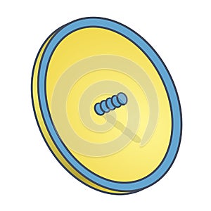 Outlined vector satellite dish in isometric perspective, isolated on white background. Blue yellow transmission aerial, communicat