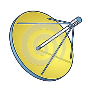 Outlined vector satellite dish in isometric perspective, isolated on white background. Blue yellow transmission aerial, communicat