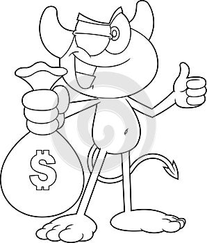 Outlined Winking Little Devil Cartoon Character Holding A Money Bag and Giving The Thumbs Up