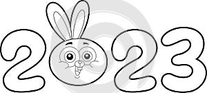 Outlined Year Year Of The Rabbit Zodiac With Funny Bunnie Head Cartoon Characters And Numbers