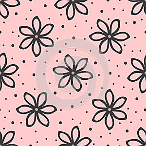 Outlines of flowers and polka dot. Simple floral seamless pattern. photo
