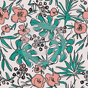 Outlines jungle flowers seamless pattern. hand-drawn botanical illustration.
