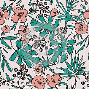 Outlines jungle flowers seamless pattern. hand-drawn botanical illustration. photo