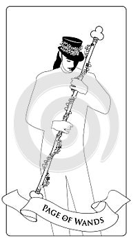 Outlines Page or knave of Wands with top hat, holding a rod surrounded by a garland of leaves and flowers.