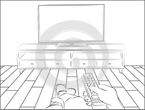 Outlines of a person sitting and holding remote control pointing at TV set