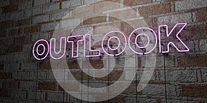 OUTLOOK - Glowing Neon Sign on stonework wall - 3D rendered royalty free stock illustration