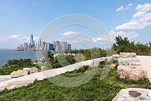 Outlook Hill on Governors Island with a Lower Manhattan New York City Skyline view during the Summer