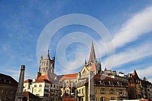 The outlook of Lausanne Cathedral in blue sky , Switzerland