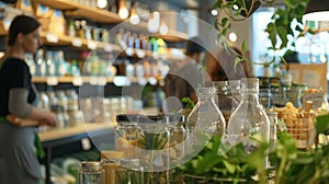 An outoffocus shot of a zero waste store features a display of reusable water bottles and glass jars with vibrant green