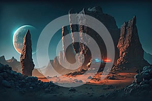 An outpost on an alien planet with huge cliffs